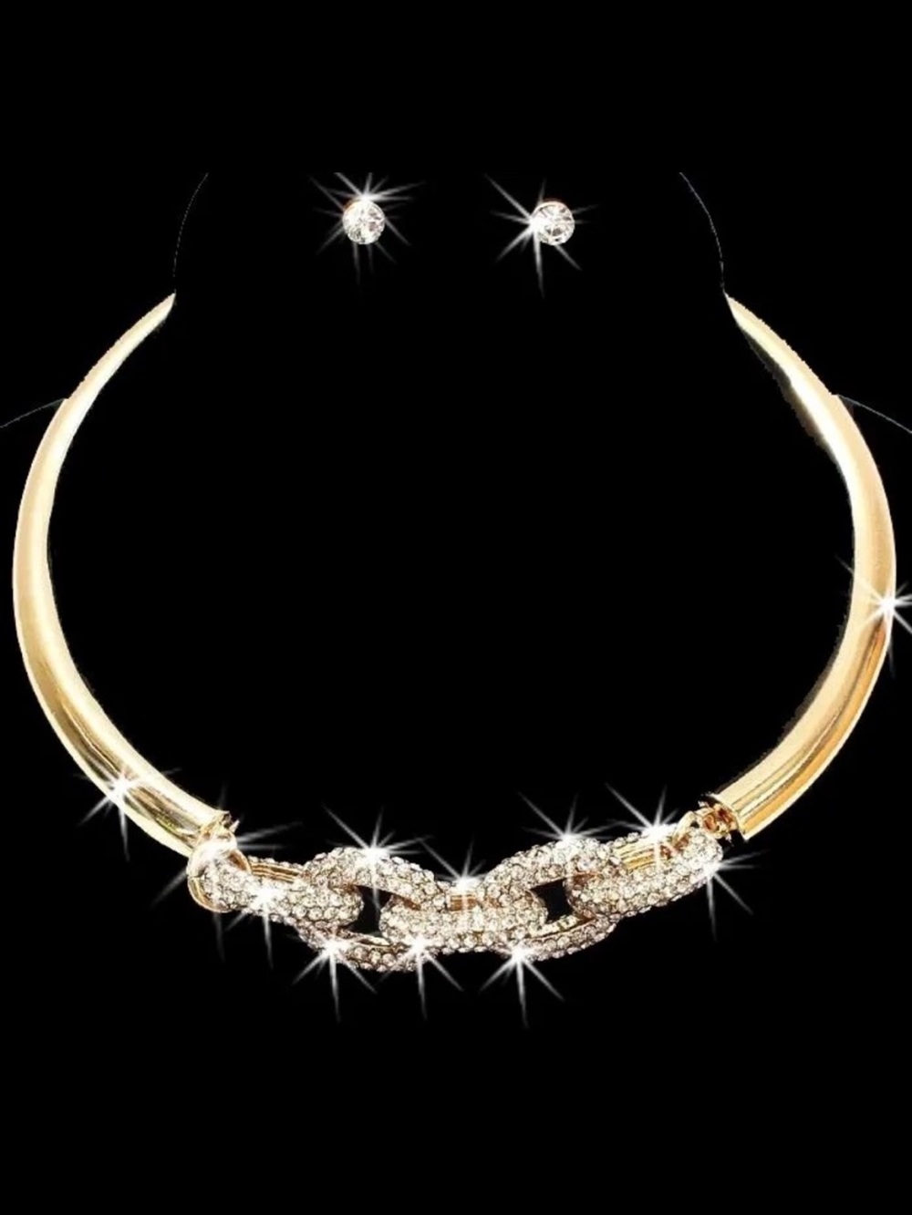 Statement Micro Pave Crystal Chunky Chain Link Collar Necklace Earring Set Gold